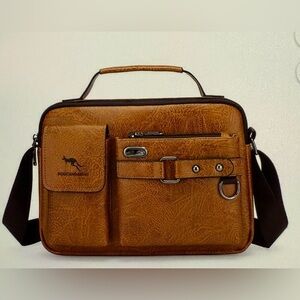 Houcundaishu Vegan Brown Leather Men’s Messenger Crossbody Bag Adjustable